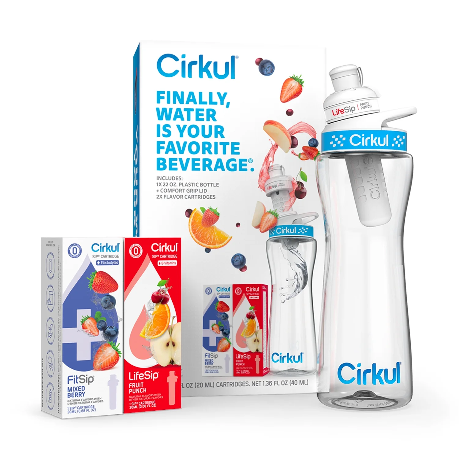 Set of 3 flavors Cartridges - (Fruit Punch, Mixed Berry & Island Punch) and Cirkull One 22oz Plastic Water Bottle Hydration Kit with Blue Lid.,